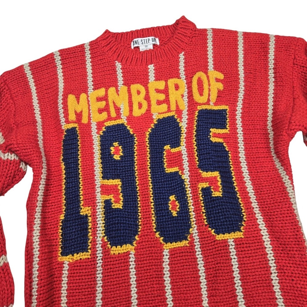 One Step Up Vintage 60s Red Striped Knit Sweater Member of 1965 Graphic MD - Picture 4 of 10